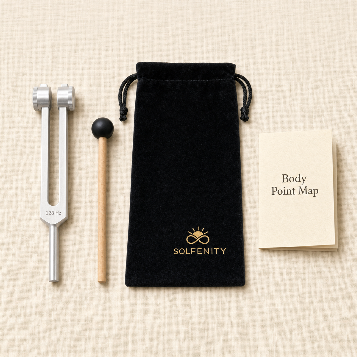 Solfenity Tune 128 kit flat lay: fork, mallet, pouch, Body Point Map