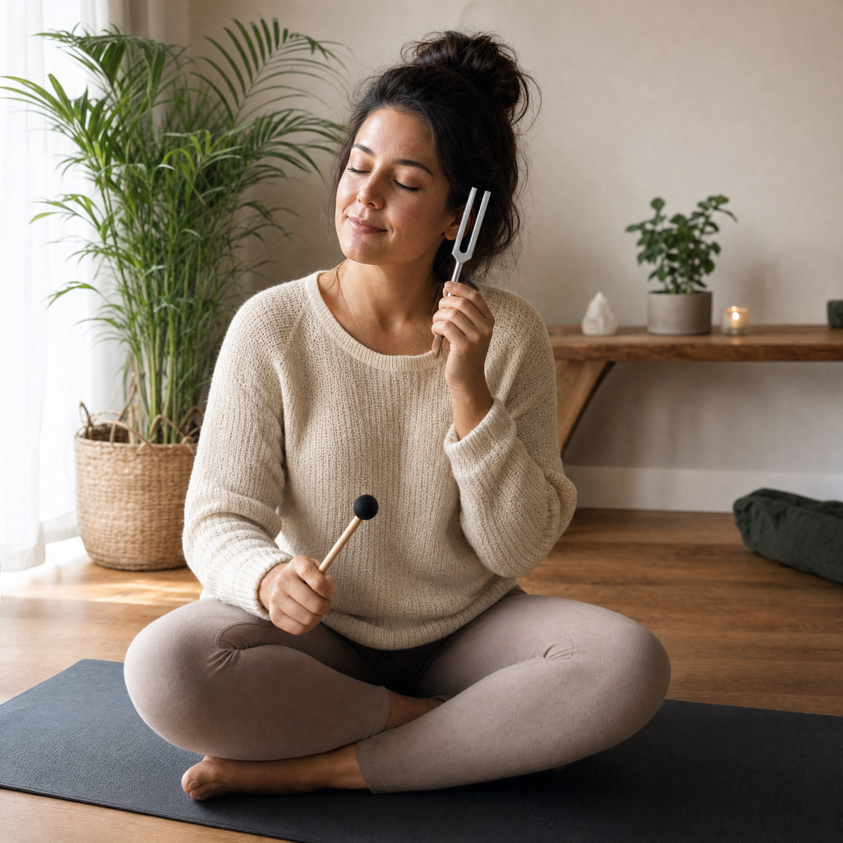 Woman meditating with Solfenity Tune 528