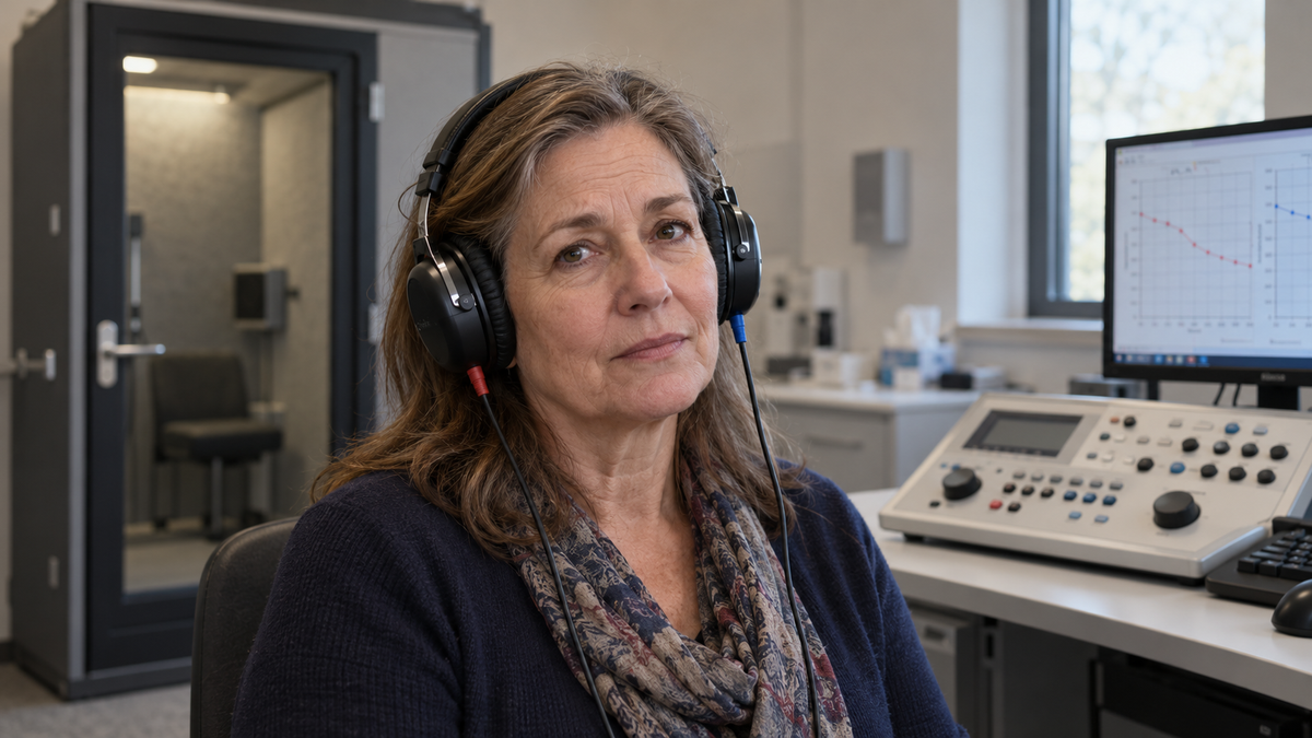 Jennifer Walsh, 54, in an audiologist hearing-test room